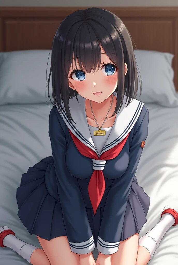 Realistic photo, 1 Japanese woman, clear blue eyes, Grinning, wearing a sailor uniform dress, navy blue with a red belt, with thin white socks and red sandals, short straight medium black hair with bangs, um colar com nome em ouro with the name Hanna, Lie on the bed with your legs spread, Detailed face and body, Natural light, High resolution, photoRealistic, (Highest quality,8k,High resolution,masterpiece:1.2),Very detailed,(Realistic,photoRealistic,photo-Realistic:1.37),Realistic skin texture,blue clear eyes, Fine eyes and lips,Beautifully detailed face,Long eyelashes,Smooth Skin,Natural body shape, pulando na cama