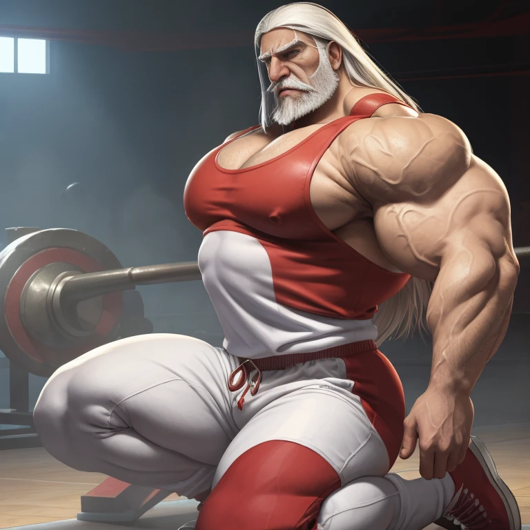 (highest quality:1.5), (masterpiece:1.5), (High school gymnasium:1.2), (turkish:1.5), square face, full beard, solo, (white tank top:1.3), (red jersey pants:1.3), male, (macho:1.3), (huge body:1.5), 4, long white hair, (expression of agony:1.2), kneel on the floor, Hands out in front of you, (looking down:1.2), sharp well groomed beard,  well groomed moustache,  thick pronounced grey beard, grizzly hair, absurdly huge nose, hawk nose, big old man nose, convex nose, pronounced bridge and outward curve that protrudes from the base of the nose

