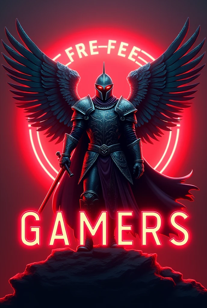 Create a logo that has a medieval soldier nearby with wings in his expected, In front a phrase that says “FREE GAMERS” all with a red neon theme