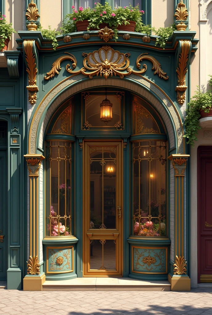 Create a shop front artwork, decorated with art nouveau
