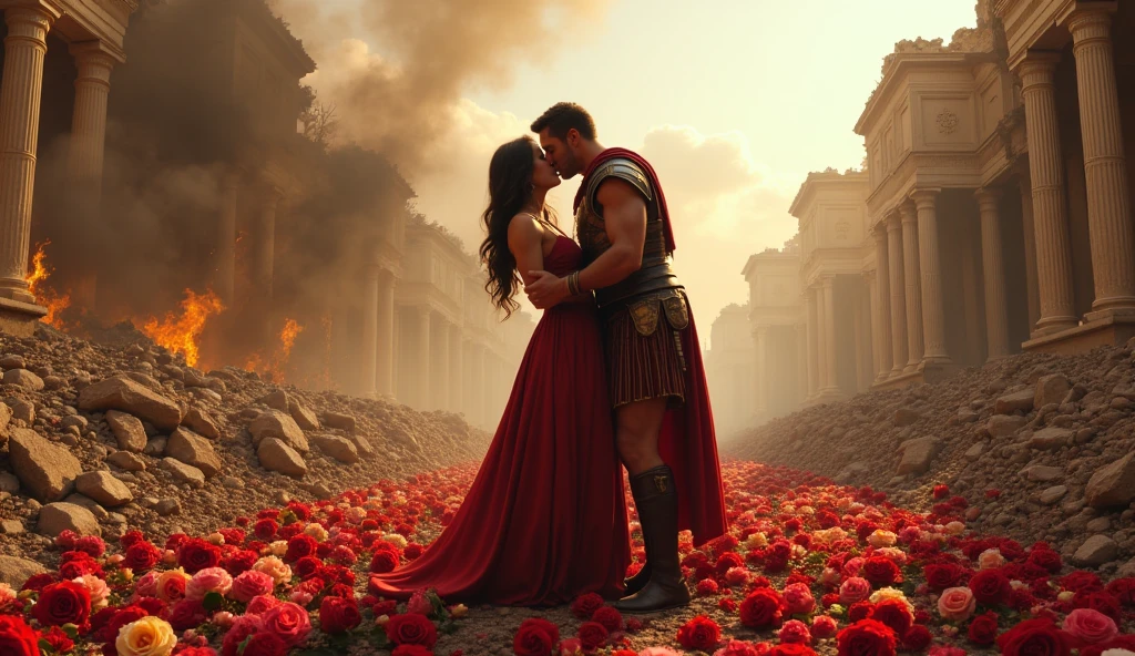a roman soldier kissing his wife in a destroyed city, roses on the floor, thousands of flowers on the ground, roman sword on the floor, fire around, (best quality,4k,8k,highres,masterpiece:1.2),ultra-detailed,(realistic,photorealistic,photo-realistic:1.37),cinematic lighting,dramatic lighting,vibrant colors,intricate details,highly detailed