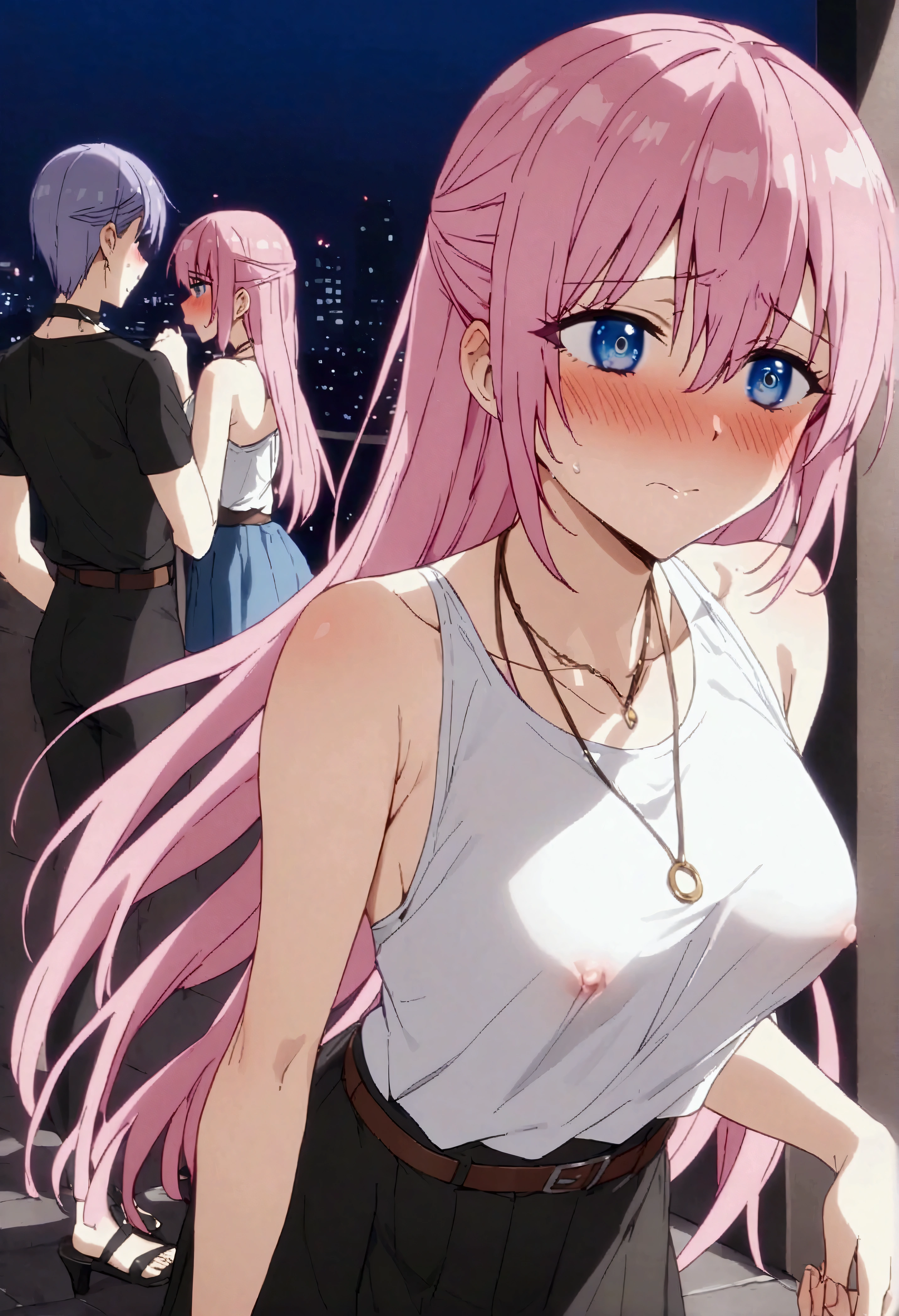 NSFW,masterpiece,Highest quality,High resolution,Very detailed,Shikimori-san\(可愛いだけじゃないShikimori-san\),Pink Hair、Long Hair、blue eyes、Hair between the eyes、bangs,Embarrassed,blush,Knit tops,Sleeveless,skirt,belt,necklace,Heeled Sandals,Nightlife,Picking Up Girls