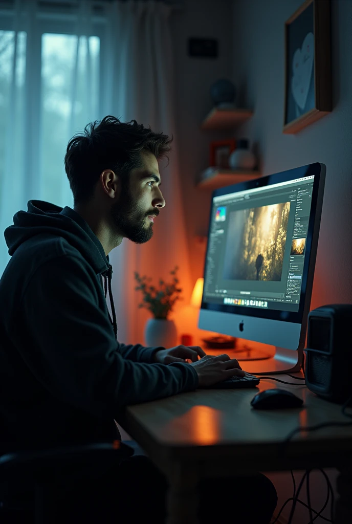 An 1 man editing photos on his computer  