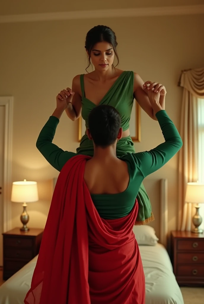 Beautiful and Slim Indian woman Aishwarya Rai in green satin blouse red saree , tied hair bun, lifting a man above her shoulders, man is sitting on woman's shoulders, in a bedroom with high ceiling, woman is showing her back to the camera , full body view