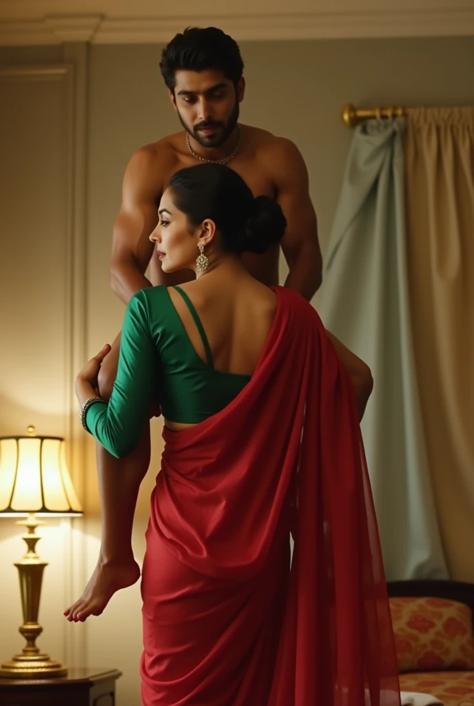 Beautiful and Slim Indian woman Aishwarya Rai in green satin blouse red saree , tied hair bun, lifting a man above her shoulders, man is sitting on woman's shoulders, in a bedroom with high ceiling, woman is showing her back to the camera , full body view