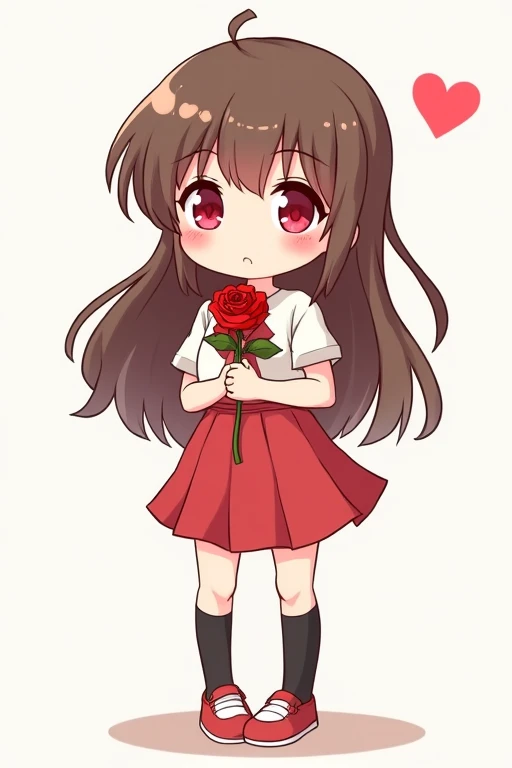 A cute anime girl with long brown hair, red eyes, wearing a simple white dress shirt with a red handkerchief-shaped ribbon, a simple red skirt, black socks, and red shoes with white areas is smiling gently and holding a single red rose in both arms, this is a deformed illustration with a thick outline.