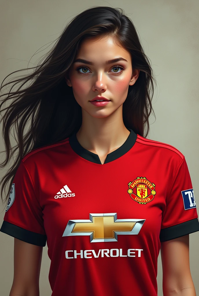 A realistic portrait of a woman wearing Manchester United jersey