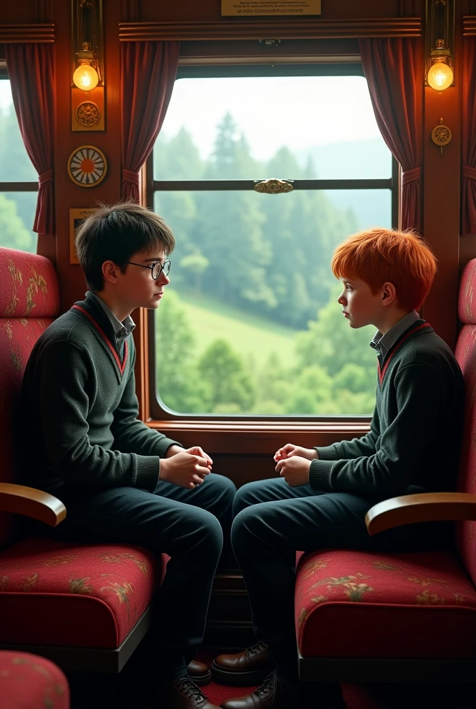 Harry Potter sitting in Hogwarts express looking outside and ron sitting with him