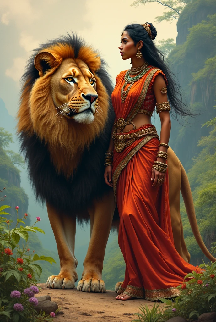 Create a indian powerful women with the lion together