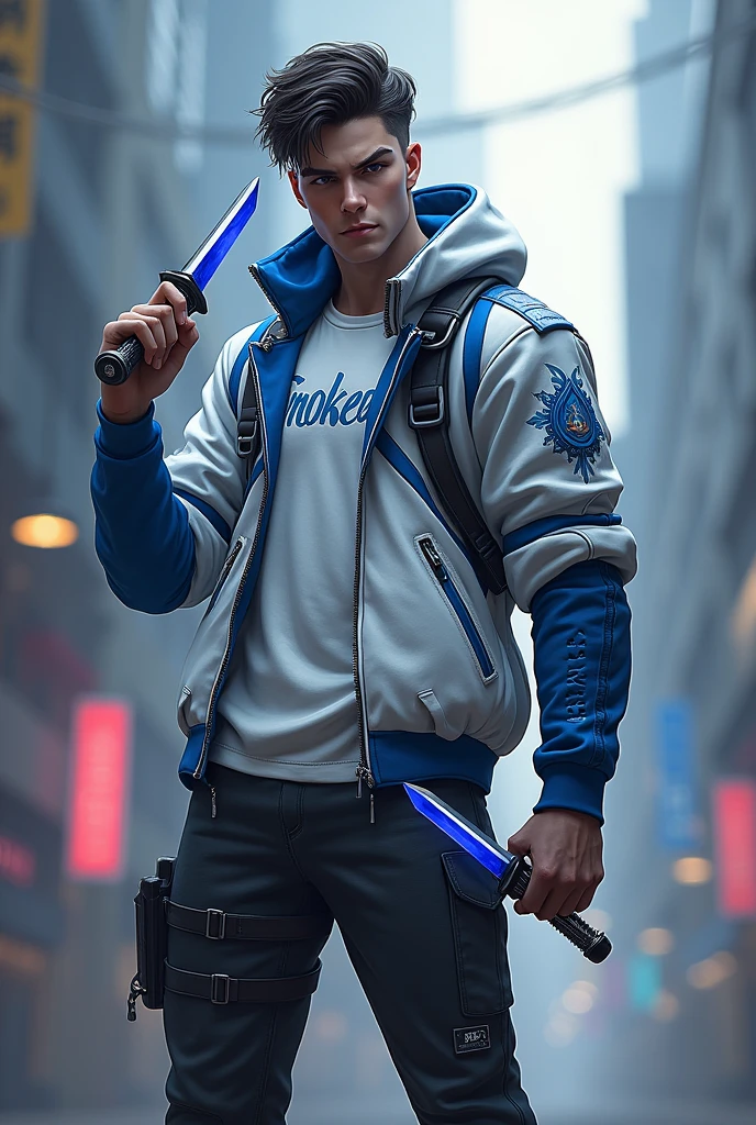 Game name:mobile legends bang bang games. Holding dagger in right hand.
no muscle man
Outfit: White and blue cyberpunk with clear and not hidden print "smokers".
Background realistic 