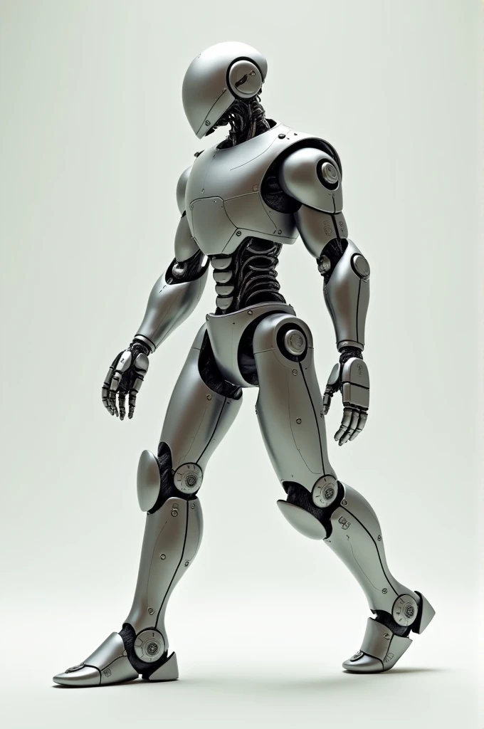 A metallic robot, walking forward, slightly bent, looking to the side 
