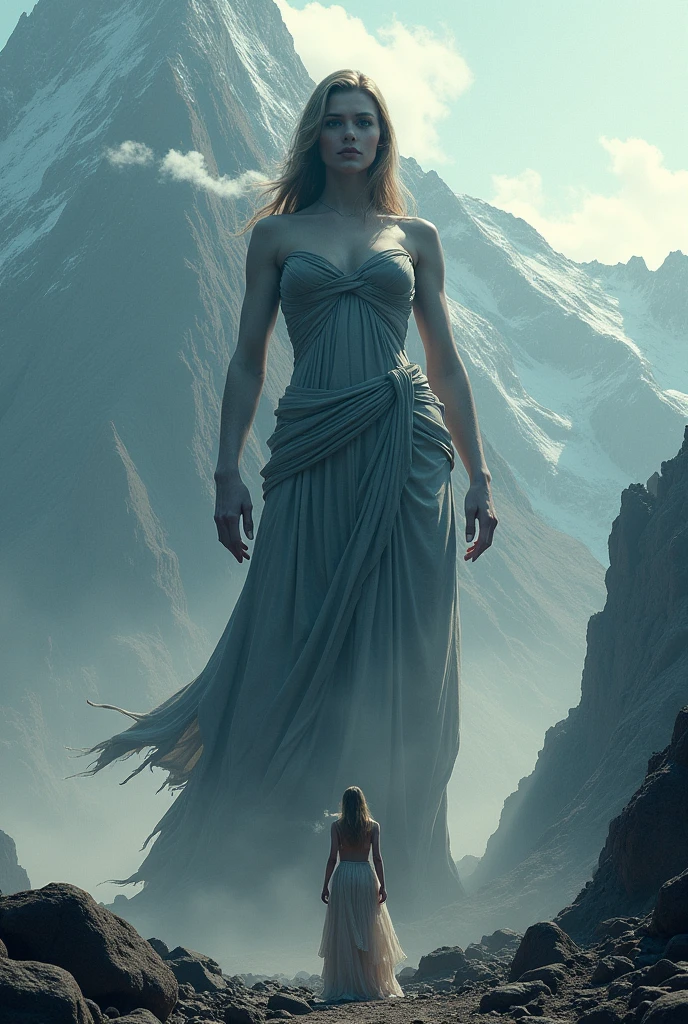 A titanic woman who smokes, she is at the foot of a mountain. Its smoke turns into a cloud