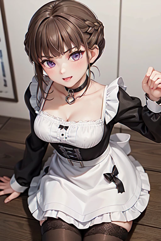 nice with you, short hair, braided hair, brown hair, violet eyes, woman, solo, Maid clothes, stockings, choker, apronスカート, apron, Frills, ribbon, collar, cuffs,