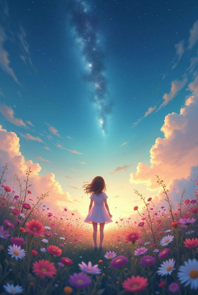 There is a girl Standing in the flower field looking up at the sky, a girl Standing in the flower field, Girl walking in the flower field, Get lost in a dreamy wonderland, Standing in the flower field, Fantastic digital painting, The sky is gradually clearing, The starry sky gradually disappears