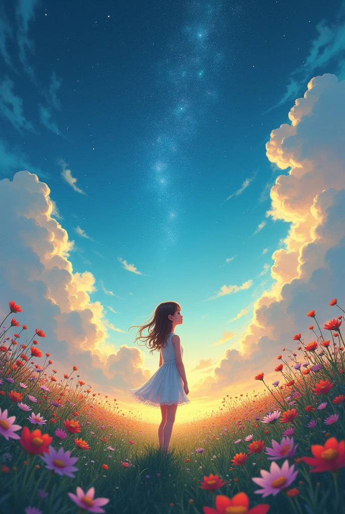 There is a girl Standing in the flower field looking up at the sky, a girl Standing in the flower field, Girl walking in the flower field, Get lost in a dreamy wonderland, Standing in the flower field, Fantastic digital painting, The sky is gradually clearing, The starry sky gradually disappears  