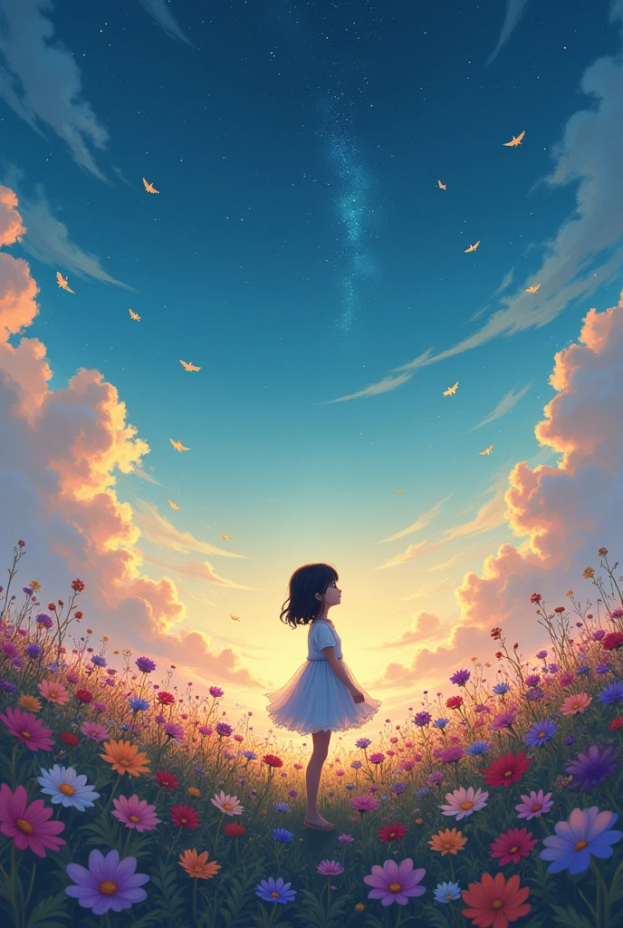 There is a girl Standing in the flower field looking up at the sky, a girl Standing in the flower field, Girl walking in the flower field, Get lost in a dreamy wonderland, Standing in the flower field, Fantastic digital painting, The sky is gradually clearing, The starry sky gradually disappears