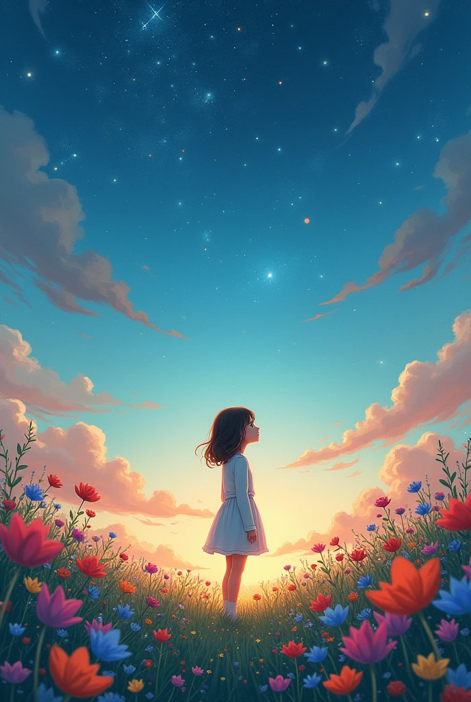 There is a girl Standing in the flower field looking up at the sky, a girl Standing in the flower field, Girl walking in the flower field, Get lost in a dreamy wonderland, Standing in the flower field, Fantastic digital painting, The sky is gradually clearing, The starry sky gradually disappears