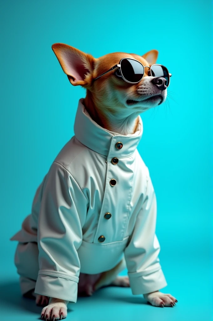 The best cell phone wallpaper, Award-Winning Wallpaper, portrait photography, In the front view is a portrait of a cute dog wearing mid-1960s space age fashion, Side view photo, Shot with Canon EOS R5, Set a strong contrast that accentuates the subject, Fluorescent blue tone, Wearing a very modern coat and sunglasses is a modern 1960s style, Clothes all in one color, beautiful background