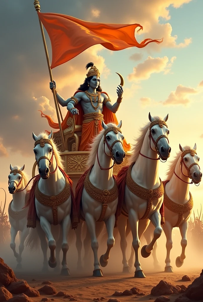 Create a vivid scene of Lord Krishna and Arjuna in their grand chariot, which is drawn by 5 white horses. Highlight Krishna prominently, showing him blowing his divine conch shell with a powerful and serene expression. The chariot should be elaborately designed, featuring a prominent saffron flag fluttering above it, symbolizing its significance. Arjuna should be depicted alongside Krishna, also blowing his conch shell. Capture the grandeur of the chariot and Krishna’s central role, with the background reflecting the battlefield’s energy and anticipation.