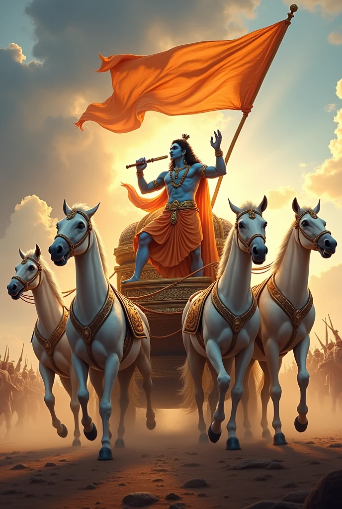 Create a vivid scene of Lord Krishna and Arjuna in their grand chariot, which is drawn by 5 white horses. Highlight Krishna prominently, showing him blowing his divine conch shell with a powerful and serene expression. The chariot should be elaborately designed, featuring a prominent saffron flag fluttering above it, symbolizing its significance. Arjuna should be depicted alongside Krishna, also blowing his conch shell. Capture the grandeur of the chariot and Krishna’s central role, with the background reflecting the battlefield’s energy and anticipation.