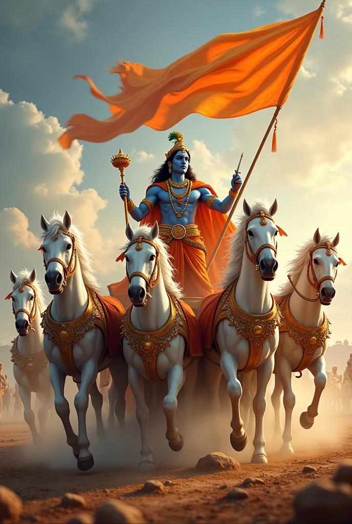 Create a vivid scene of Lord Krishna and Arjuna in their grand chariot, which is drawn by 5 white horses. Highlight Krishna prominently, showing him blowing his divine conch shell with a powerful and serene expression. The chariot should be elaborately designed, featuring a prominent saffron flag fluttering above it, symbolizing its significance. Arjuna should be depicted alongside Krishna, also blowing his conch shell. Capture the grandeur of the chariot and Krishna’s central role, with the background reflecting the battlefield’s energy and anticipation.