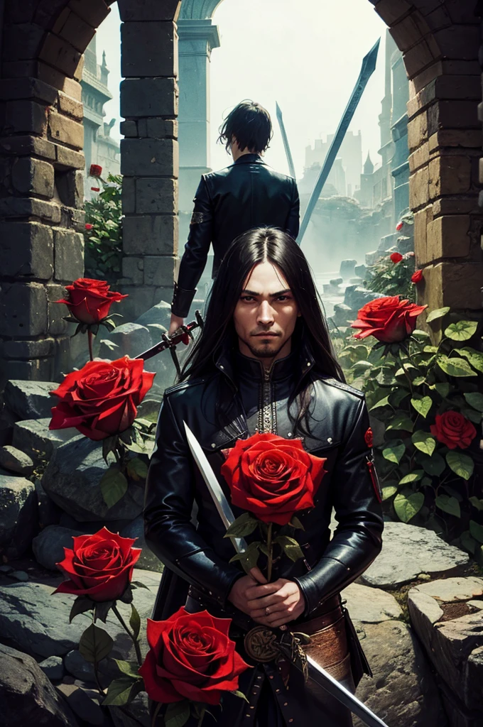 rock album cover with swords and roses