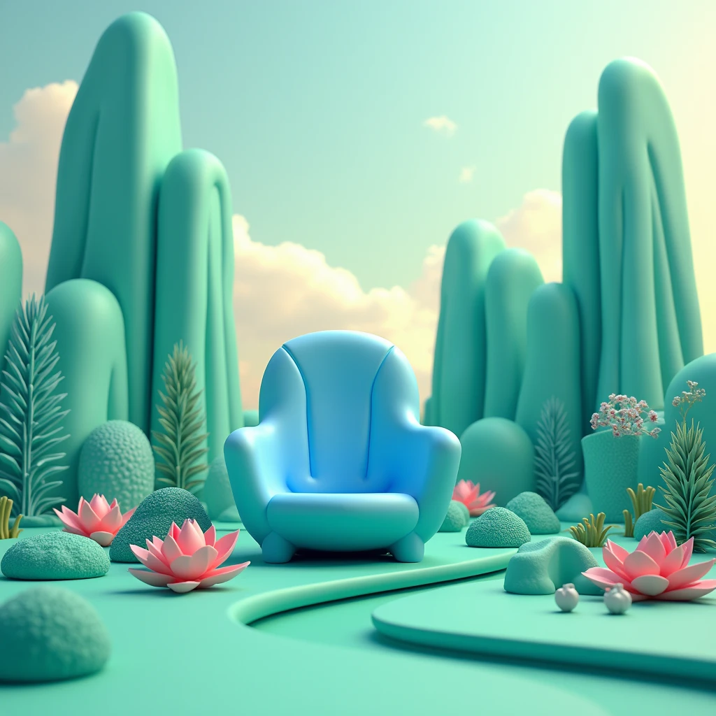 there is a blue and green chair sitting on a green surface, stylized as a 3d render, monoliths, psychedelic architecture, stylized 3d render, unreal with on gradient, abstract environment, 3d illustration, smooth 3d illustration, with towers, 3d matte illustration, abstract concept, concept illustration