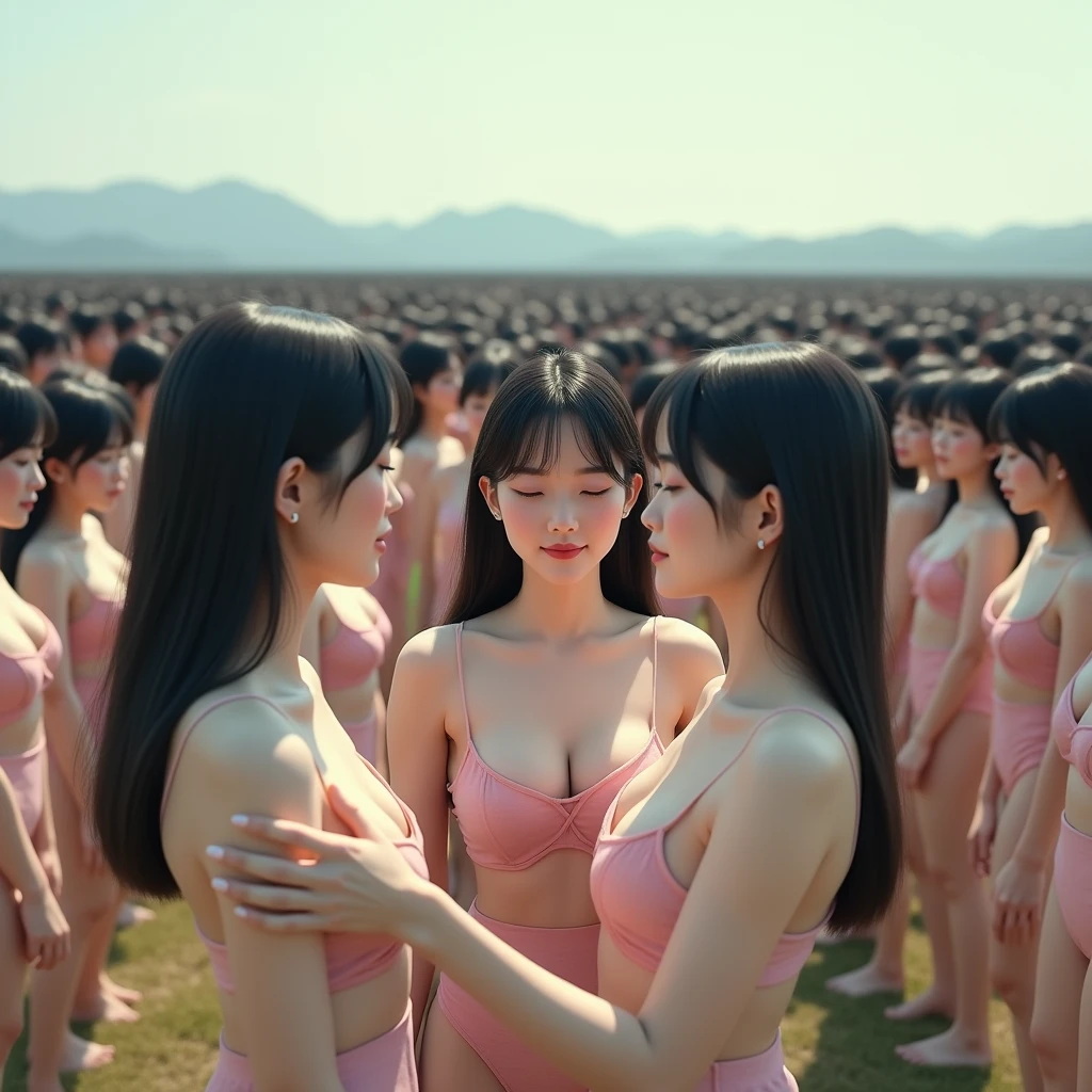 (((((Japanese Clone girls=Myself)))))), (((Best Super High quality Myself Clone girls Raw Photography Art))), (16K, Highest quality, Ultra-high resolution, RAW Photos), (((It's so unrealistic., With unparalleled depiction, With an unfathomable sight, An unprecedented and shocking worldview, Clone girls in a world of mass reproduction, Ultra-realistic))), (((Japanese, woman, 18yo, hashimoto-kanna))), (Small face, ((Thick black hair, Semi-long hair))), ((V-neck short-sleeve dress)), (((((Very detailed美しい女体, Accurate body structure, Very detailed完璧な, Super busty body with very large breasts, Clearly emphasizes cleavage))))), (((Dark Eyes, Mature face, Cute Smile, A gentle gaze))), (((Her happy and smiling expression is so cute))), ((((((((Very detailed分身増殖描写, ((1girl→Myself cloning→1,000,000,000,000,000,000,000,000,000,000,000,000,000,000,000,000,000,000,000,000Myself Clone girls)))))))))), ((((((((Very detailed, The precise depiction of the proliferation of Myself Clone girls, ((With the perfectly identical bodies of Myself clone girls, With the exact same face as the Myself clone girls, With the exact same hairstyle as the Myself clone girls, In the exact same clothes as the girls who are my clones, Perfectly the same height as the Myself clone girls, Super big breasts, just like the Myself clone girls)))))))))), (((Myself clone girls only))), (((Multiple pairs, Very detailed depiction, (Myself clone girls hug each other, Myself clone girls assemble, Fun conversations with fellow Myself clone girls, A fun conversation between Myself clone girls, Myself clone girls holding hands, Walking with lots of Myself clone girls)))), (((Everyone looks at the camera))), (((Unbelievably crowded, Transcendent Myself clone girls intimately, Countless Myself clone girls surround you in 360 degrees))), (Bright, soft sunlight), (((Very wide field of view, Very detailed, Detailed ultra-perspective depiction with clear depth, wide view))), (((((Landscape with a curved slope))))), (((Very photographic and detailed depiction, Myself clone girls will multiply infinitely and fill the surroundings from one side to the horizon with their bodies tightly packed together without any gaps., A scene of endless Myself clone girls and a fun atmosphere))), (Focus on the average value of the image)