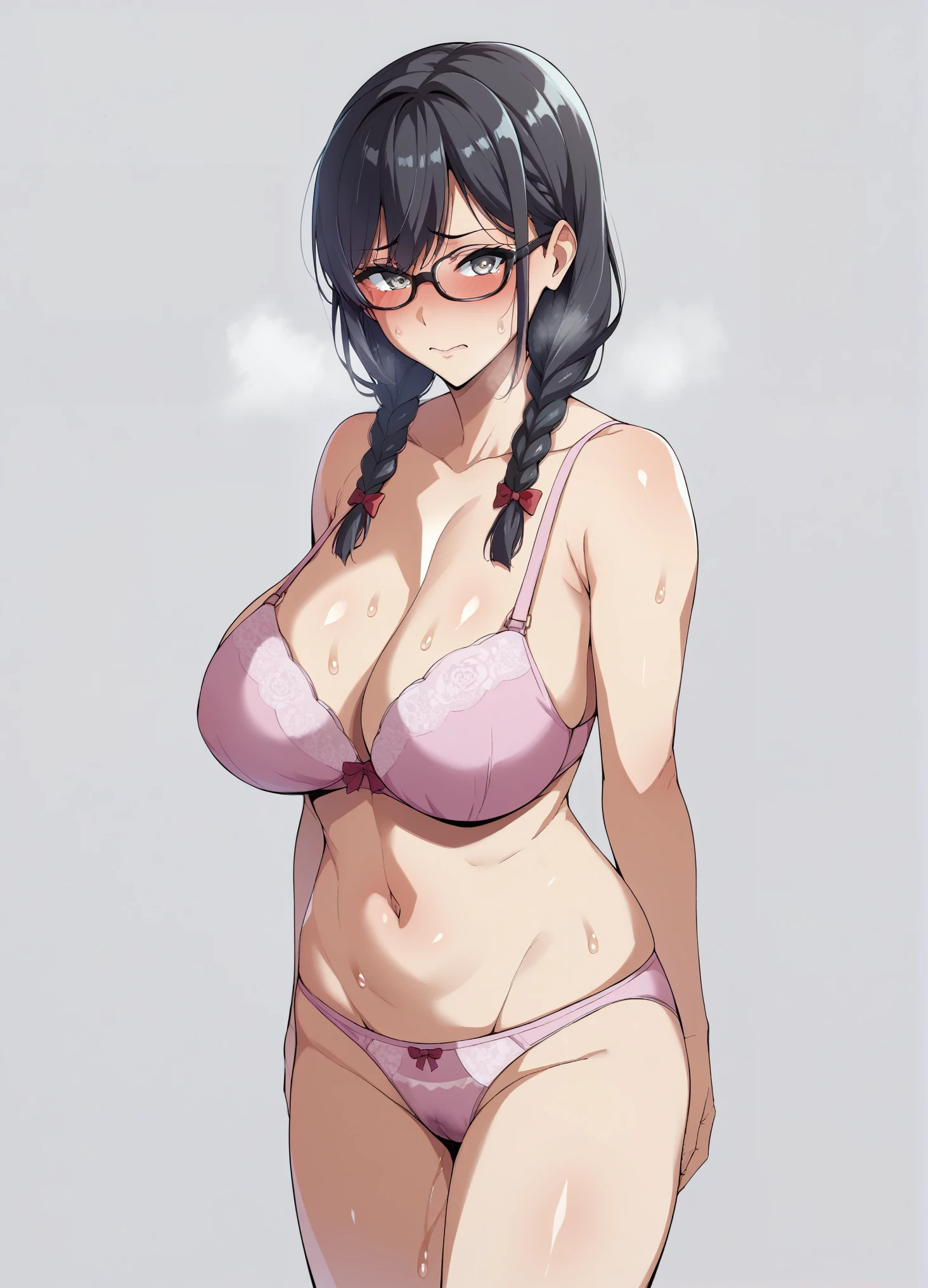 Character portrait、Embarrassed expression、blush、Ultra-detailed illustrations、Ultra-precise expression、masterpiece、Highest quality、ultra High resolution、High resolution、takeda hiromitsu style、White background、Simple Background、Young、One person、10th Generation、solo、Black Hair、Drooping eyes、Timid、Black glasses、Two short braids、Grey Eyes、Big Breasts、Sweat、White Breath、Sexy Panties、pink bra