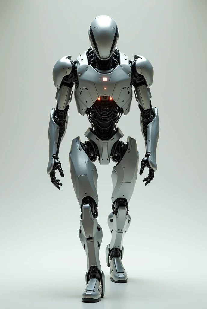 A metallic robot, walking forward, slightly bent, looking towards the camera