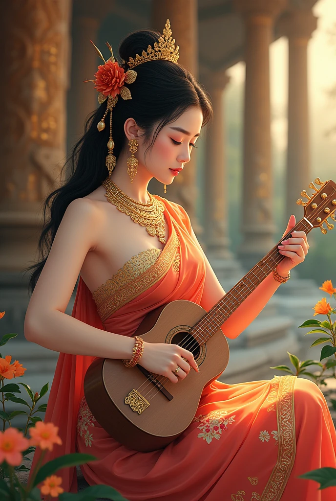 
A beautiful and lovely Thai girl in Thai tradition dress sitting in the  Thai palace playing Thai musical instruments. She has a delicate face, exquisite makeup, traditional dress with floral patterns. The background combines the elements of central Thai architecture, creating an atmosphere. This illustration style shows intricate details and bright colors. --ar 3:4