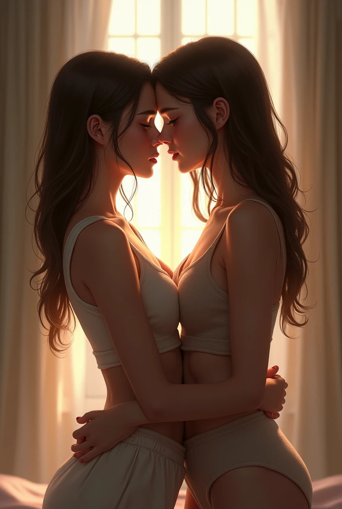 Two young skinny age girls share a french kiss 