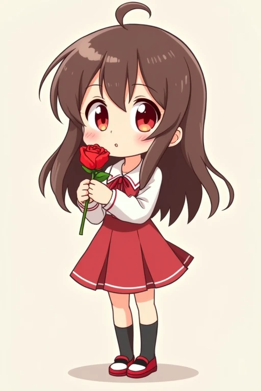 A cute anime girl with long brown hair, red eyes, wearing a simple white dress shirt with a red handkerchief-shaped ribbon, a simple red skirt, black socks, and red shoes with white areas is smiling gently and holding a single red rose in both arms, this is a deformed illustration with a thick outline.