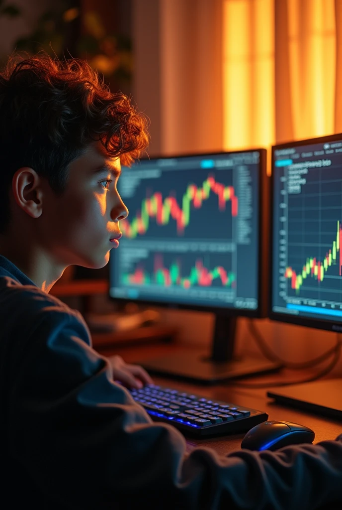 Room poorly closed,sitting in front of your expensive gaming setup, A boy, trader, 20 years analyzing graphs. Through the curtains, A ray of golden rays from the sunset glow shone directly on his face, and the photo was very hot,high qualiy, Focus Clear (mess - home: 0.8), (Masterpiece artwork: 1.2) (realistically: 1.2) (bokeh) (best quality) (detailed skins: 1.3) (details Intricate) (8k) (eye detailed) (sharp focus), (having fun) (a variety of poses) drawning