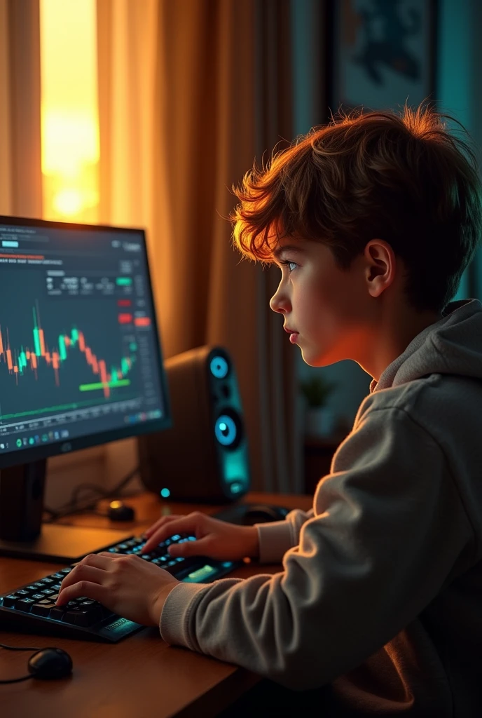 Room poorly closed,sitting in front of your expensive gaming setup, A boy, trader, 20 years analyzing graphs. Through the curtains, A ray of golden rays from the sunset glow shone directly on his face, and the photo was very hot,high qualiy, Focus Clear (mess - home: 0.8), (Masterpiece artwork: 1.2) (realistically: 1.2) (bokeh) (best quality) (detailed skins: 1.3) (details Intricate) (8k) (eye detailed) (sharp focus), (having fun) (a variety of poses) drawning