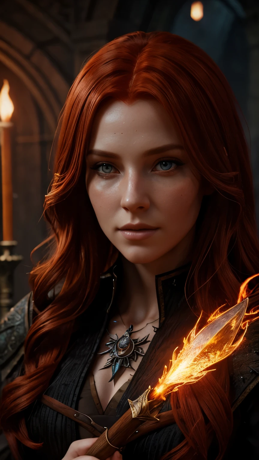 a beautiful reddish-haired witch, highly detailed portrait, fantasy rpg character, magical powers, intricate magical effects, dramatic lighting, cinematic composition, award-winning digital art, unreal engine, 8k, hyper realistic, masterpiece, photorealistic