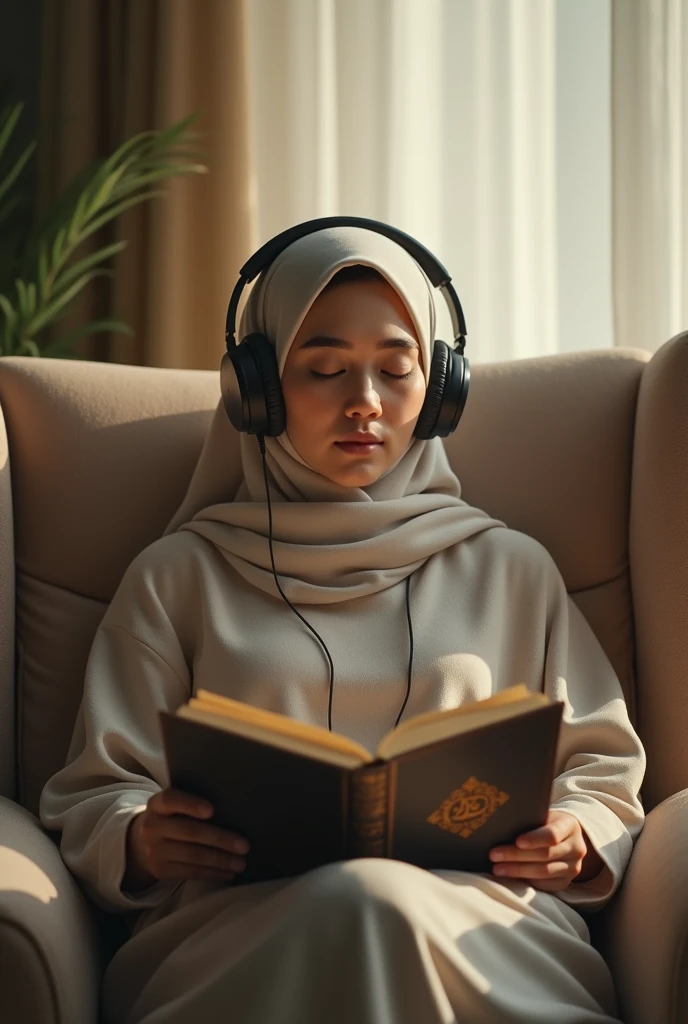 A photo of Muslim woman listening Quran with headphones smoothly on relaxing chair closed eyes 
