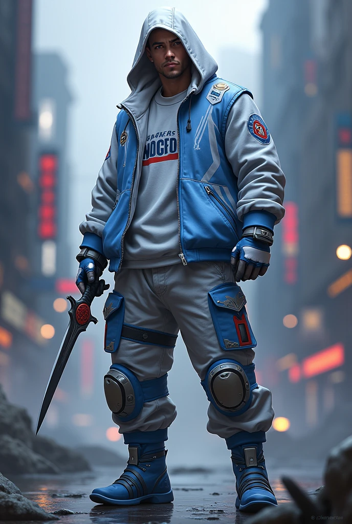 Game name:mobile legends bang bang games. Holding dagger in right hand.
no muscle man
Outfit: White and blue cyberpunk with clear and not hidden print "smokers".
Background realistic