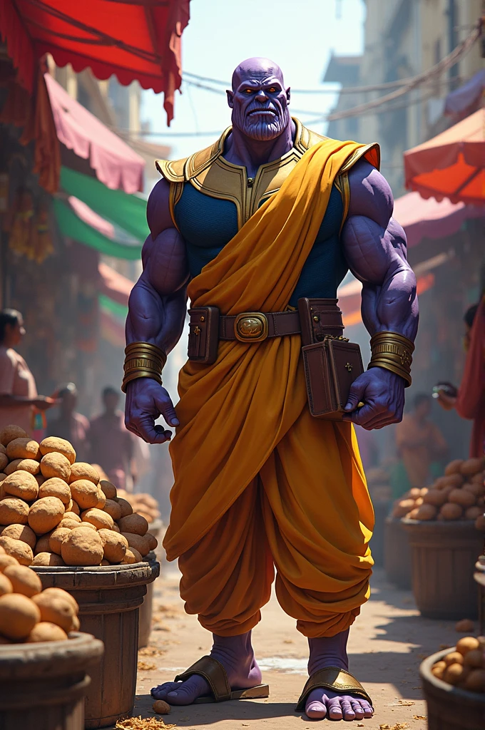 Picture Thanos from avengers the selling potatoes in a lively Indian market. He is dressed in a vibrant Indian ae Kur Dhotiid a turb His imposing figure stands behind stall brimming with fresh potatoes, surrounded by a bustling market.