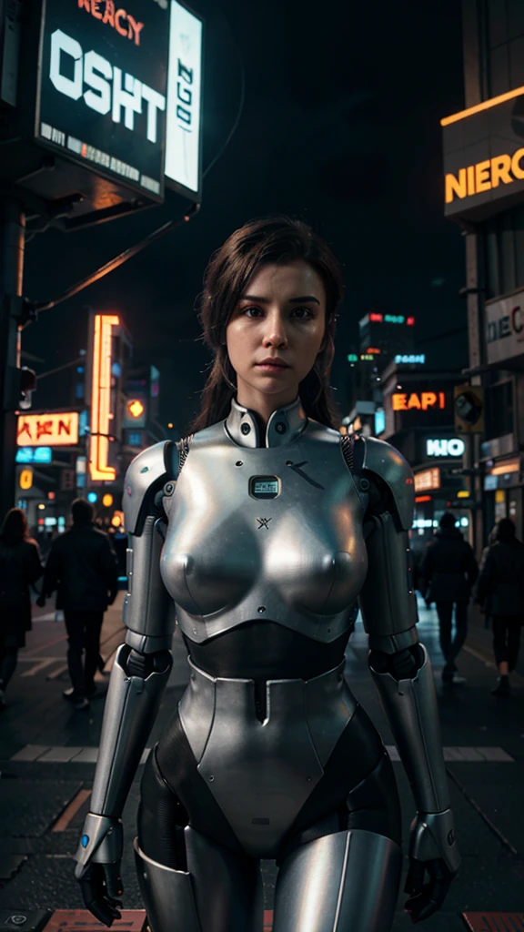 A hyper-realistic photorealistic female robot, wires, holding a square board face-on, in a cyberpunk city at night. Steam