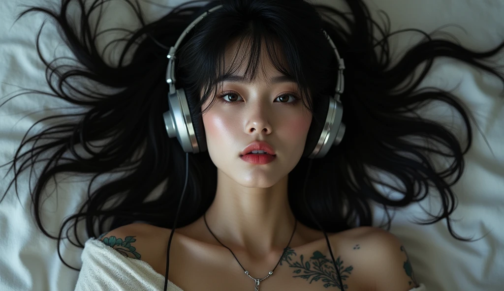 Beautiful black-haired Asian Girl, inexplicable beauty, beautiful eyes, beautiful lips, and beautiful long black hair, with small waves at the ends, with tattoos, and a short shirt, lying on the bed posing while wearing headphones listening to music, with big