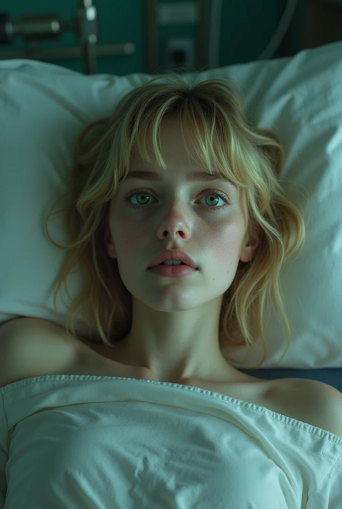 Blonde girl with short wavy hair and bangs, moss green eyes, with deep dark circles, in the hospital lying in bed with a serum in her arm 
