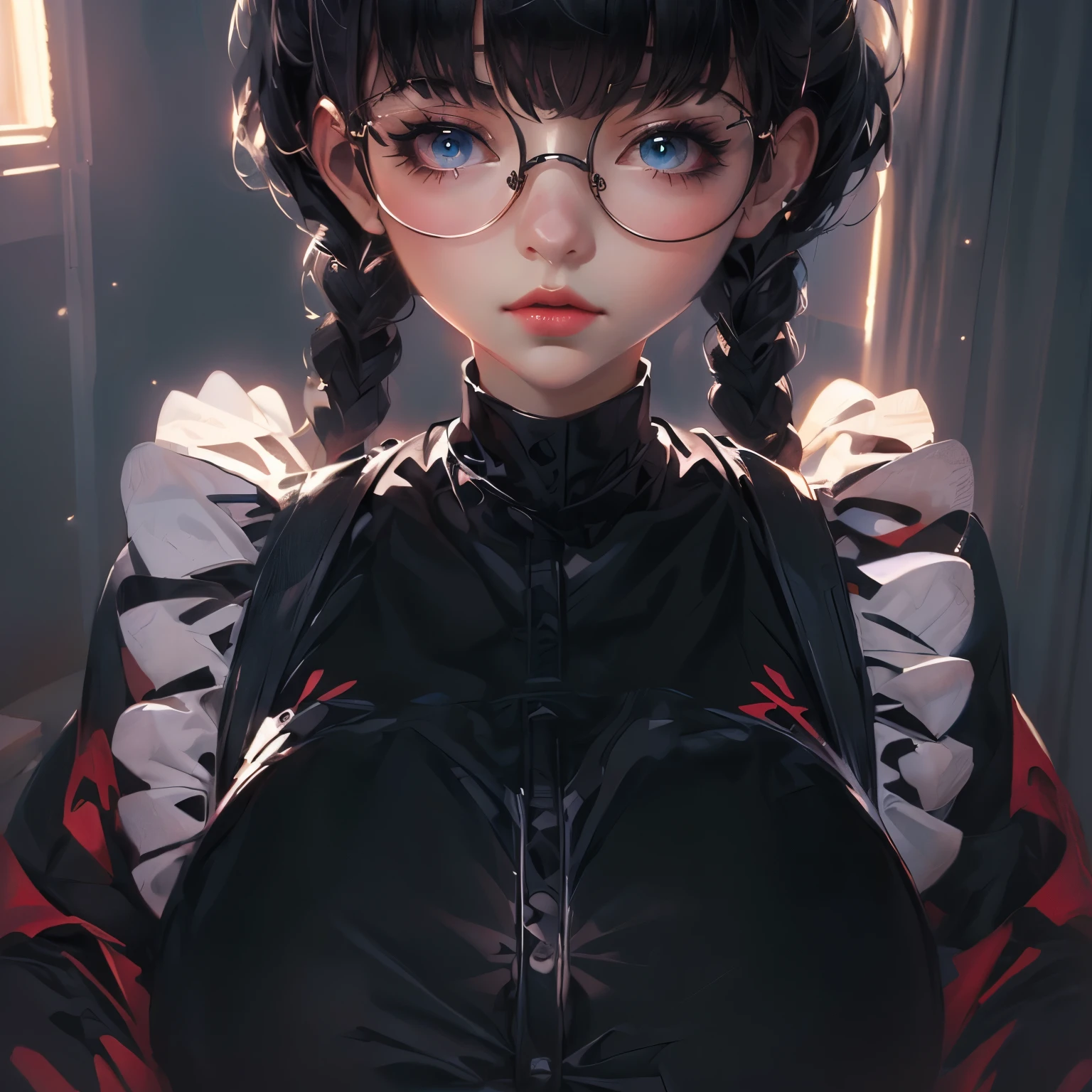 anime girl avec des lunettes et un haut noir assis sur un lit, guweiz, oeuvre d&#39;art dans le style de guweiz, style artistique anime moe, guweiz sur pixiv artstation, Guweiz sur ArtStation Pixiv, art animé numérique détaillé, art d&#39;anime détaillé et propre, chef-d&#39;œuvre de Guweiz, anime girl dans un costume de femme de chambre