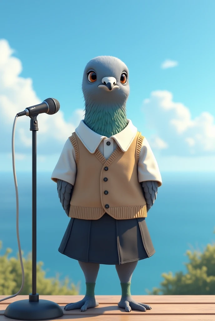 ((Highest quality)), ((masterpiece)), (photograph:1.6), (front), photorealistic, portrait, Sing with a microphone。
Big cute eyes, human expression。A small grey female pigeon with a head slightly larger than its body。
Off-white short-sleeved collared shirt with a light brown vest that was closed at the front、A knee-length black skirt with dark green socks and black shoes、Clear blue sky and ocean views。
