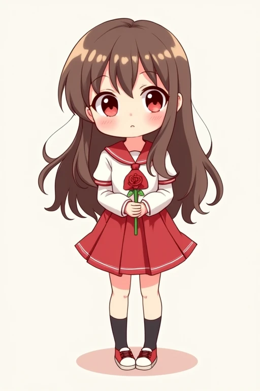 A cute anime girl with long brown hair, red eyes, wearing a simple white dress shirt with a red handkerchief-shaped ribbon, a simple red skirt, black socks, and red shoes with white areas is smiling gently and holding a single red rose in both arms, this is a deformed illustration with a thick outline.