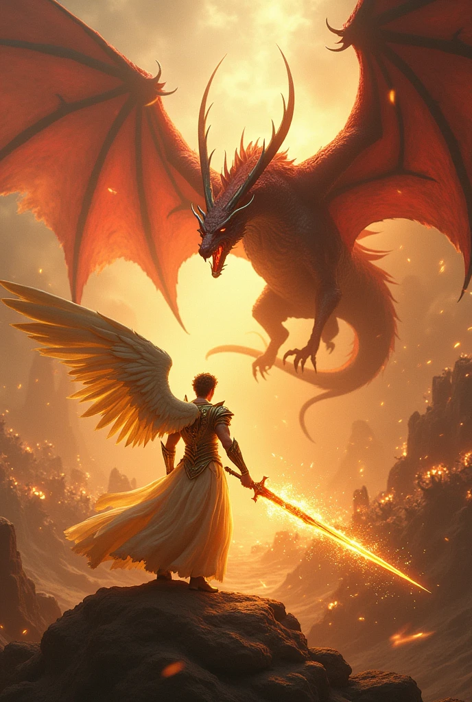 war in heaven male angel in golden armor with a flaming sword of fire fighting a large dark red dragon with four feet two wings 7 heads and 10 horns and angels of light fighting angels of darkness