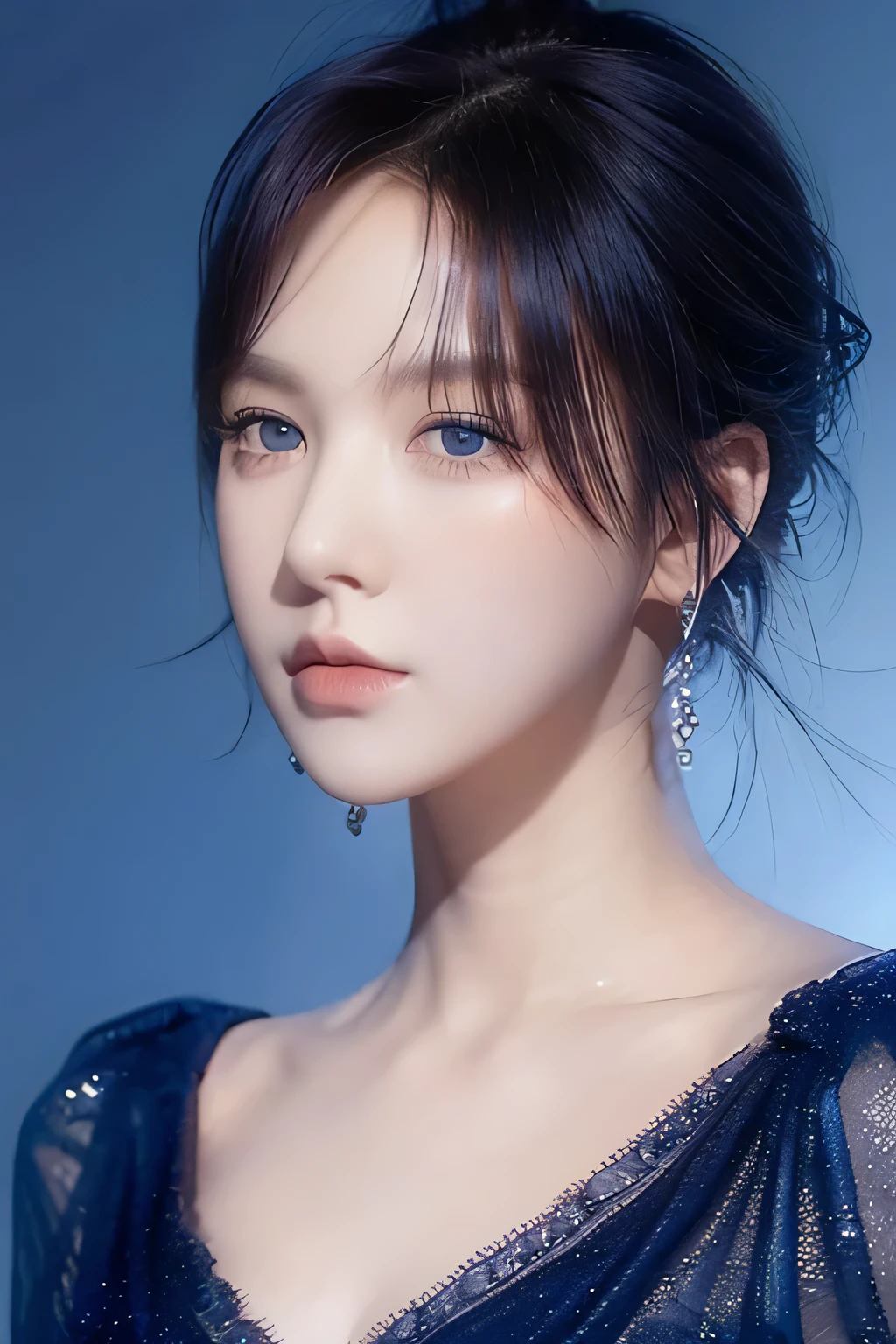 Wendy rv, blue satin dress, blue short hair, beautiful detailed eyes, beautiful detailed lips, extremely detailed face, longeyelashes, elegant pose, dramatic lighting, cinematic, chiaroscuro, dramatic shadows, moody, atmospheric, photorealistic, 8k, best quality, masterpiece, sky background