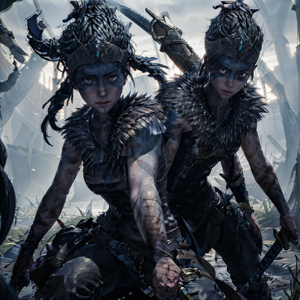 Senua from hellblade, holding sword, fighting shadow monsters, various sword fighting poses, wide angle, leather clothing, forehead and eyes painted dark blue, determined expression, 16k, best quality, detailed face, beautiful blue eyes, best hands, perfect hands, unreal engine rendering style, award winning digital art, darkly atmospheric lighting 