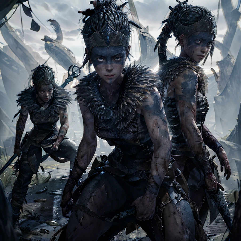 Senua from hellblade, 1girl, holding sword, fighting shadow monsters, various sword fighting poses, wide angle, leather clothing, forehead and eyes painted dark blue, determined expression, 16k, best quality, detailed face, beautiful blue eyes, best hands, perfect hands, unreal engine rendering style, award winning digital art, darkly atmospheric lighting 