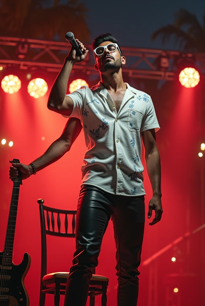 (a man standing on top of a stage holding a microphone, inspired by Zlatyu Boyadzhiev, white glasses, made in 2019, leather pants, outdoors lighting, hawaiian shirt, single long stick, christmas night, tied with chair, video, white tunic, handsome chad chin, young spanish man, guitar